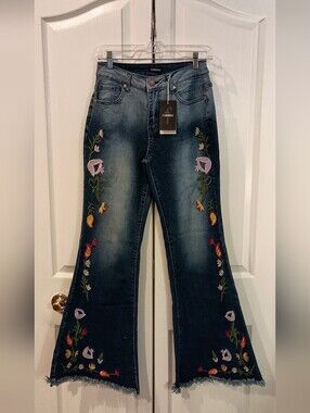Flamingoals Dark Blue Embroidered Flare Jeans